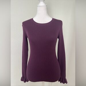 T Tahari Dark Purple Ribbed Knit Crewneck Ruffle Cuffed Sweater Size Small